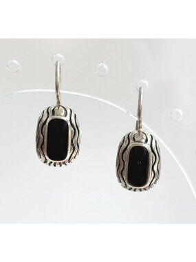 Black Onyx Wavy Carved Thai Made Vintage Sterling Silver 925 Dangling Earrings